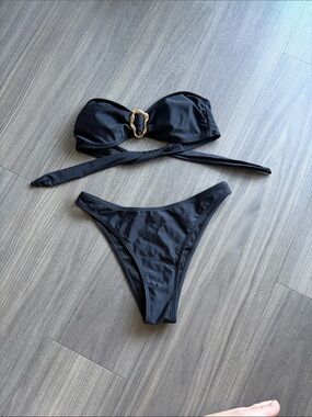 Black Strapless Bandeau Bikini with Gold Accent - Women Swim